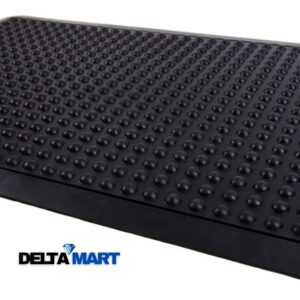 Close-up of a black rubber anti-slip mat with raised circular bumps; DeltaMart logo in bottom left.