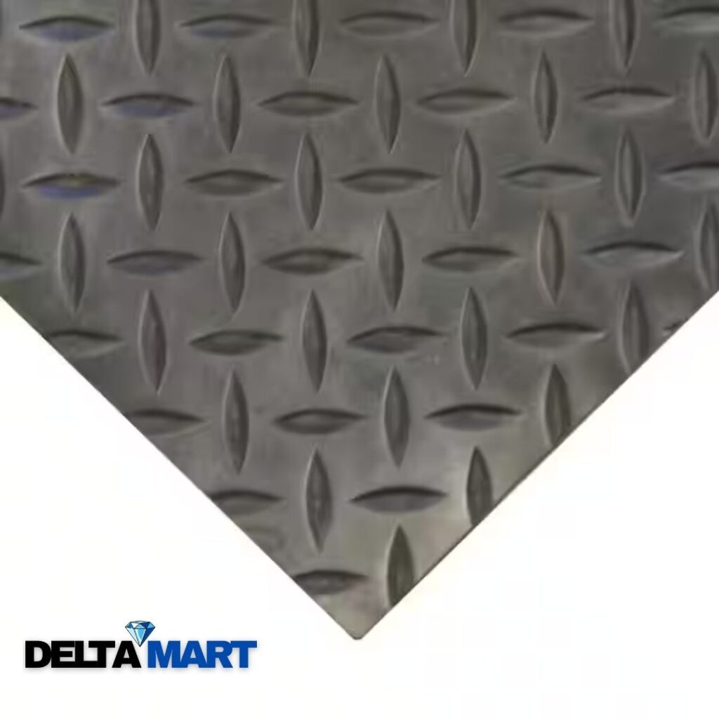 Corner of a grey diamond plate checker rubber flooring showing the raised checker pattern of a rubber gym mat