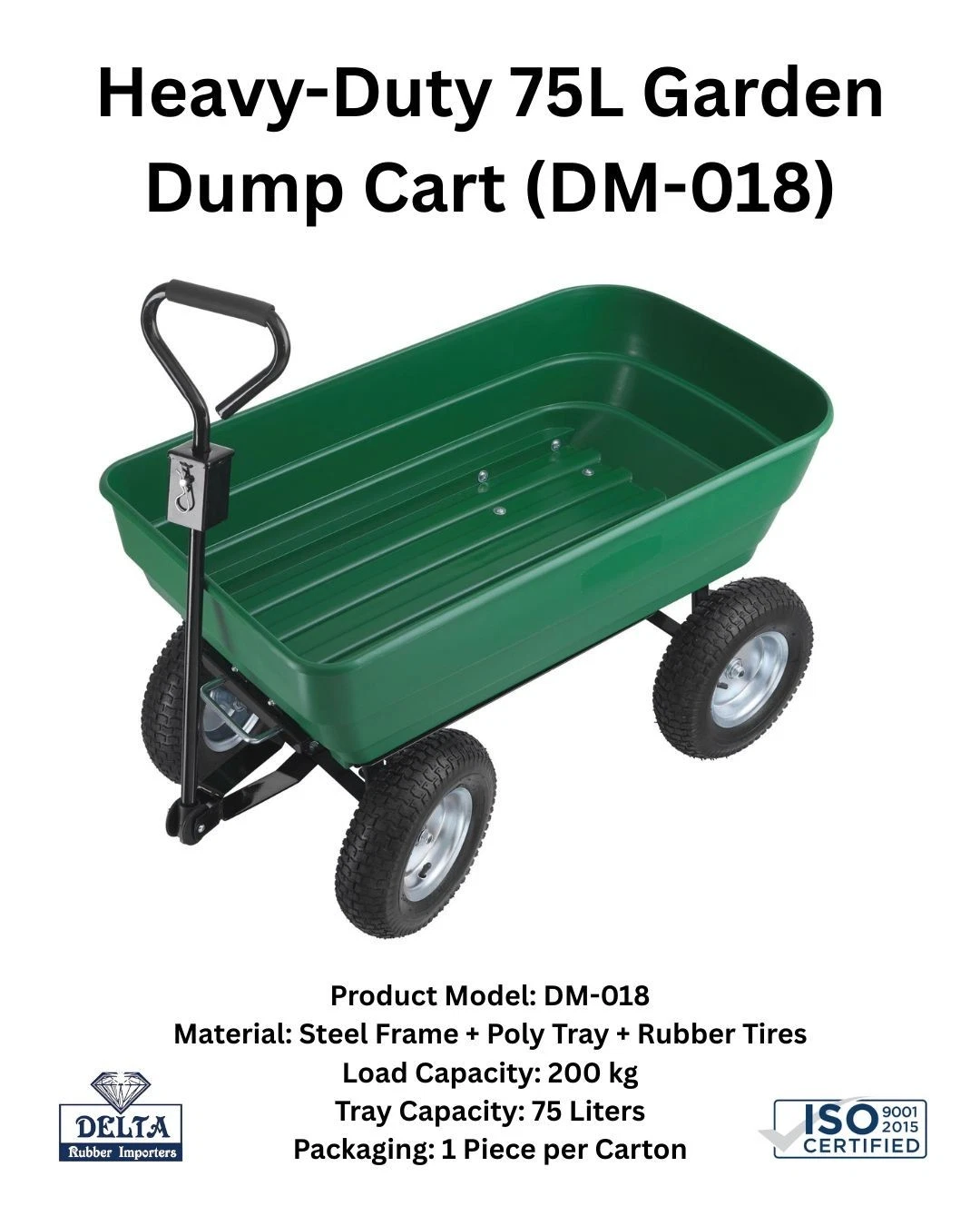 Heavy Duty 75L Garden Dump Cart Trolley Wagon 200kg Capacity 4 Wheel Utility Car